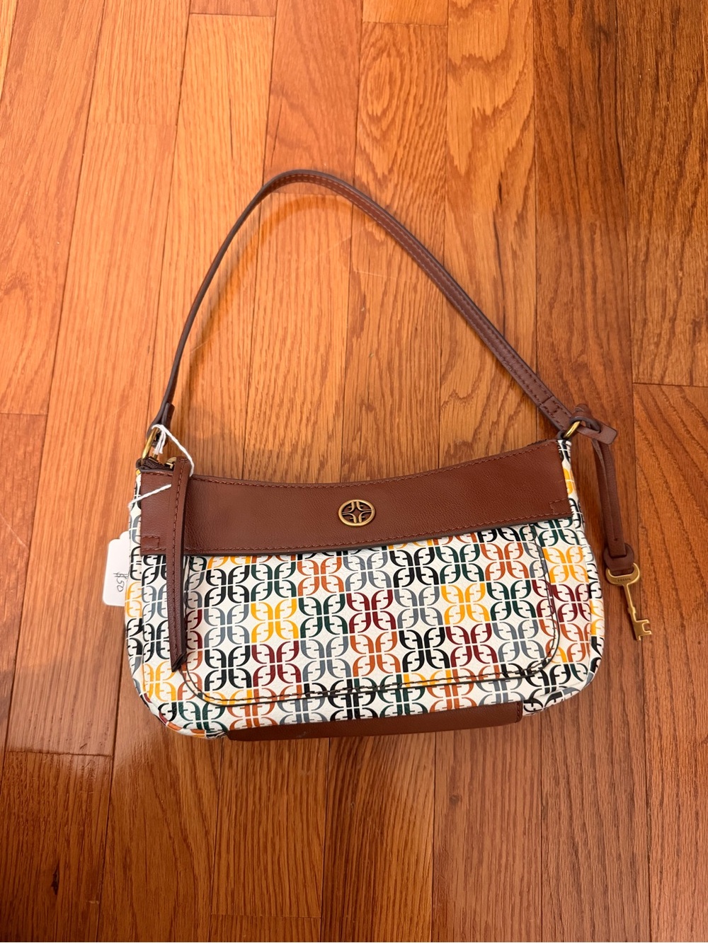 Fossil Multicolor Logo Shoulder Bag with Brown Trim